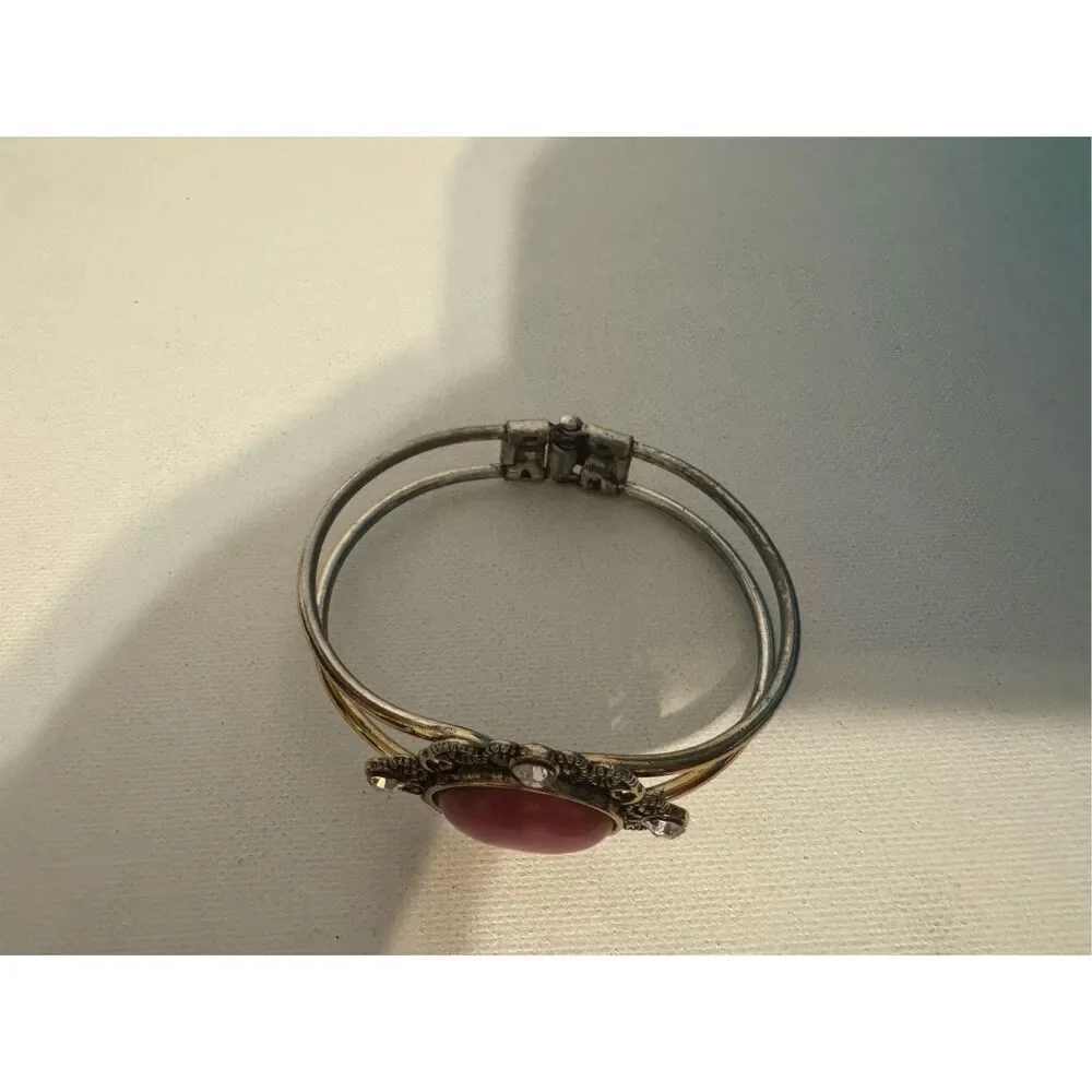 Vintage oval cats eye brass art deco statement cuff bracelet